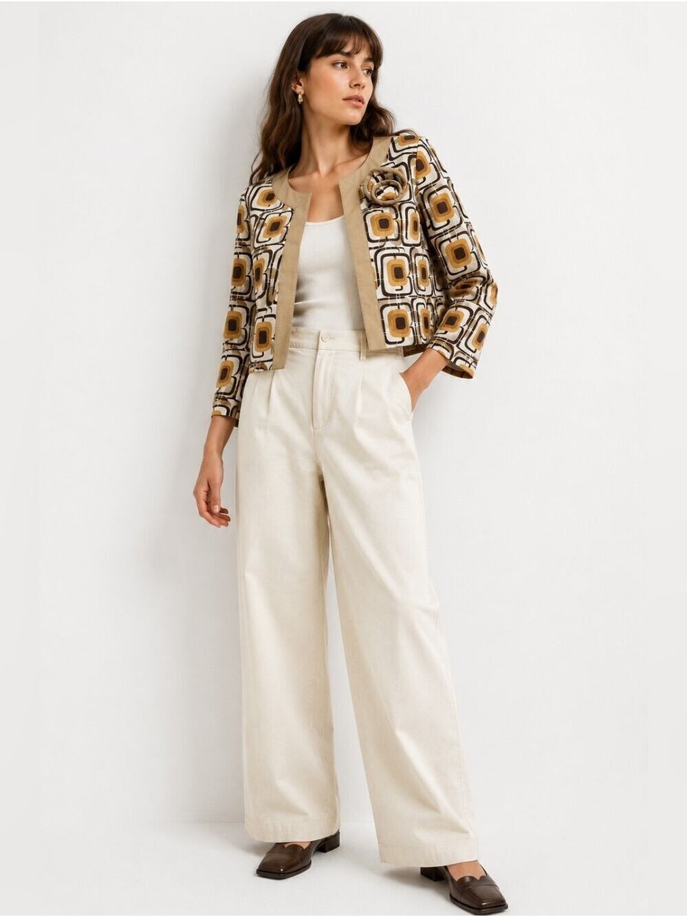 Zara Retro Geometric Cropped Jacket Flower Detail Mod Blazer M